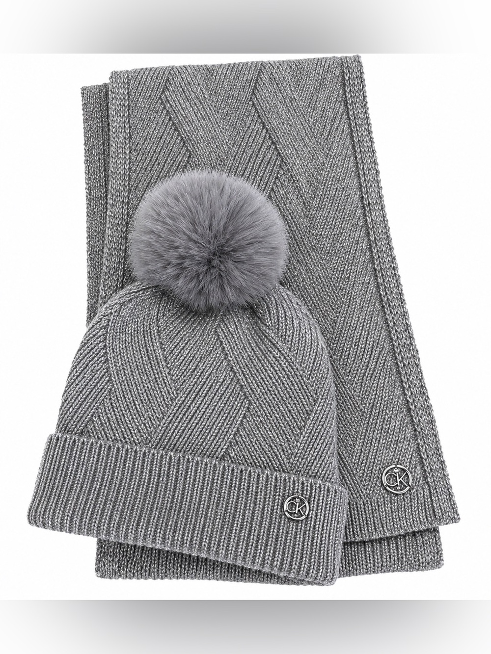Calvin Klein Women's Pom Pom Beanie & Scarf Set Gray Metallic